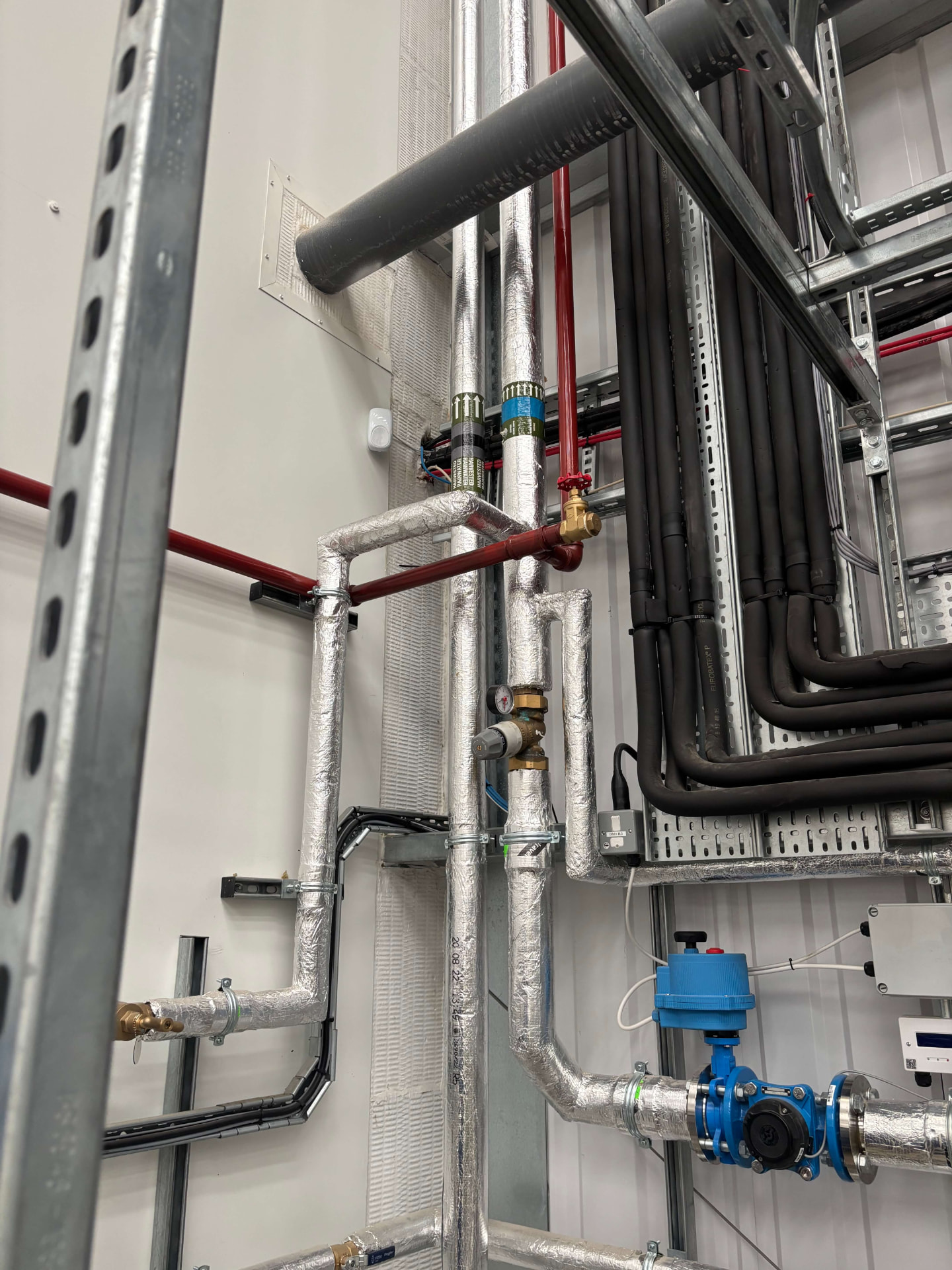 Commercial plant room with insulated pipework and metering installation